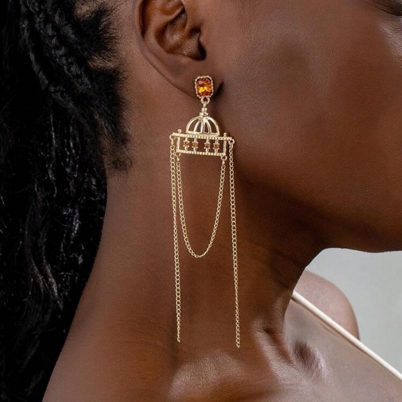 2/$30🌵 Gold Tassel Dangle Earrings Amber Rhinestone European Chic Jewelry NEW - Picture 3 of 12